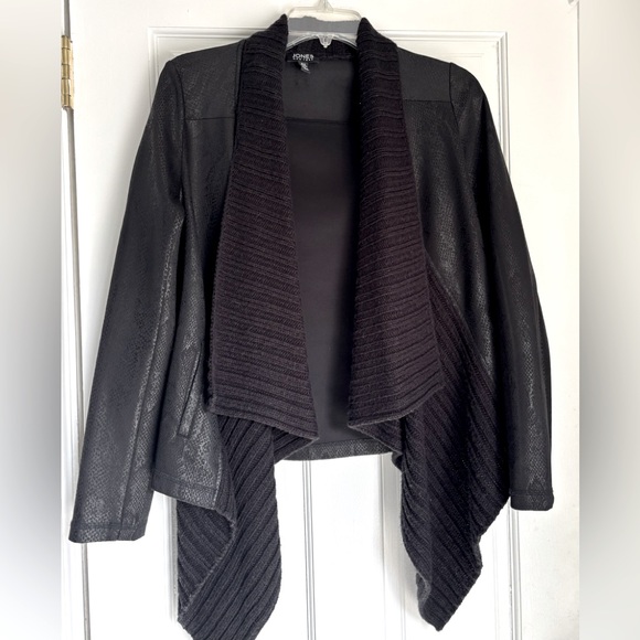 Jones New York Black Faux Leather Open Front Sweater Jacket Medium - Picture 1 of 6
